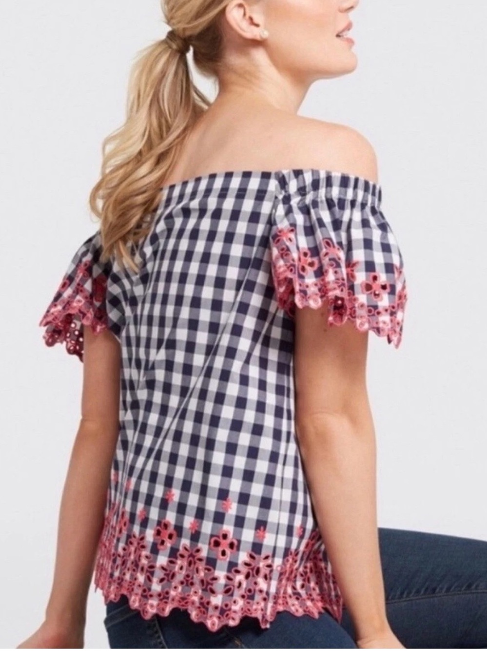Draper James Cotton Gingham Lace Preppy Off The Shoulder Blouse Size M